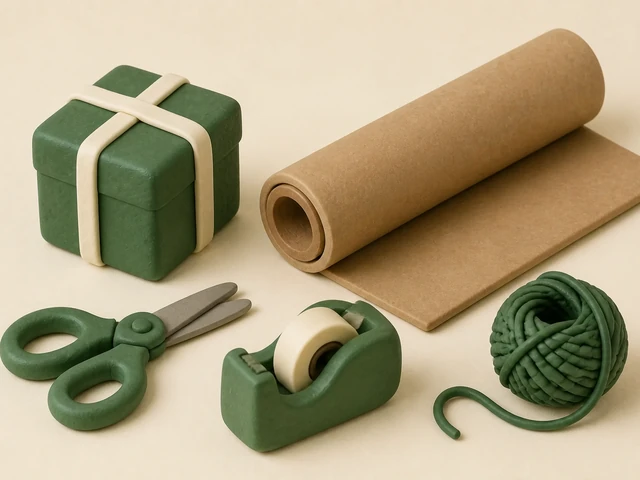 Clay 3D: cadeau, kraftpapier, schaar, tape en touw klaargezet